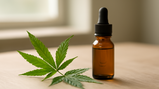 Botol kaca minyak CBD dengan penetes di atas meja kayu bersama daun hijau