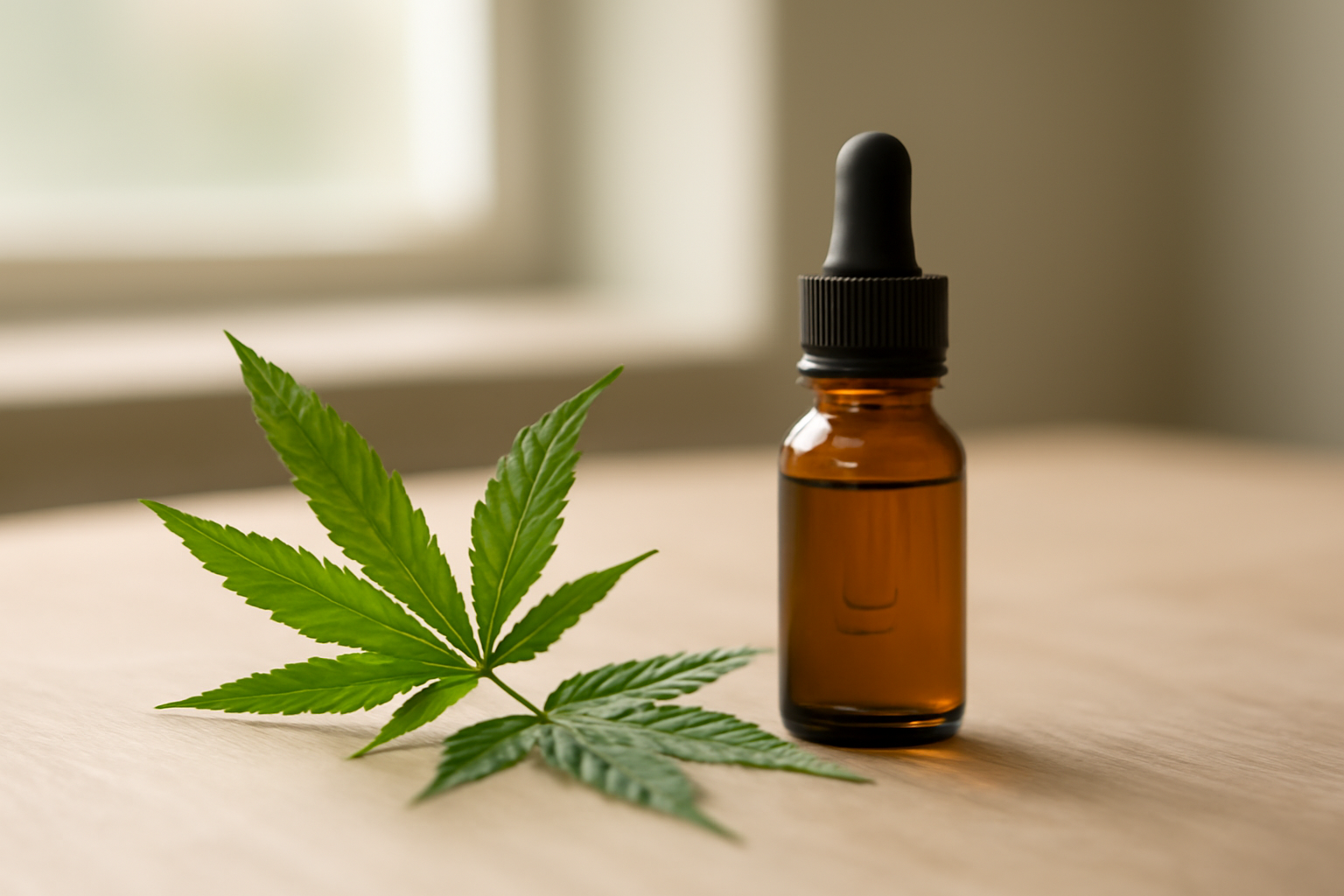 Botol kaca minyak CBD dengan penetes di atas meja kayu bersama daun hijau