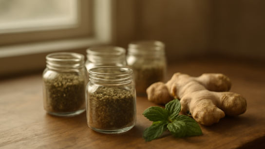 Aneka herbal kering dalam stoples kaca dan rempah segar di meja dapur kayu