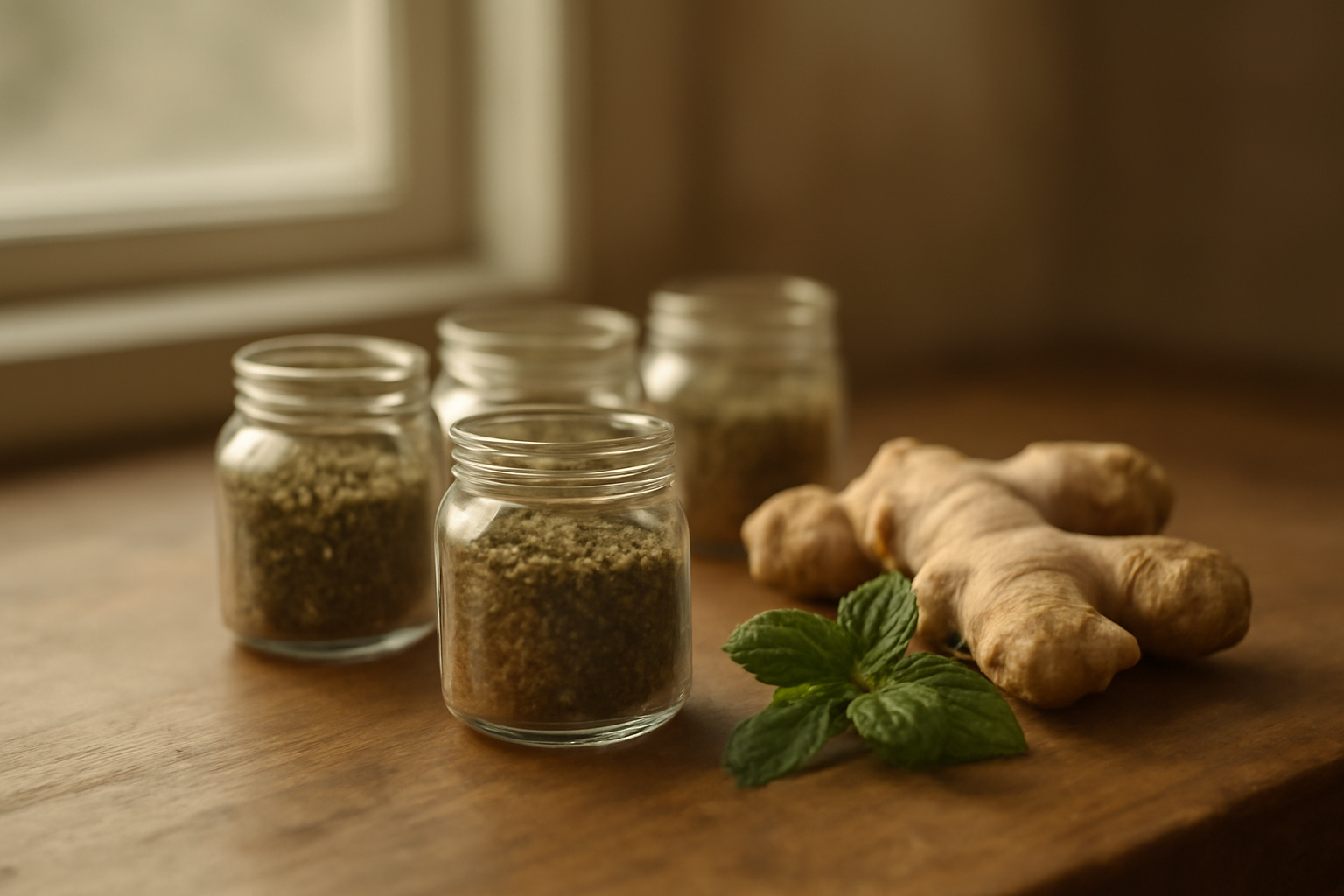 Aneka herbal kering dalam stoples kaca dan rempah segar di meja dapur kayu