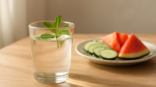 Segelas air dengan daun mint dan potongan buah segar untuk mencegah dehidrasi saat puasa