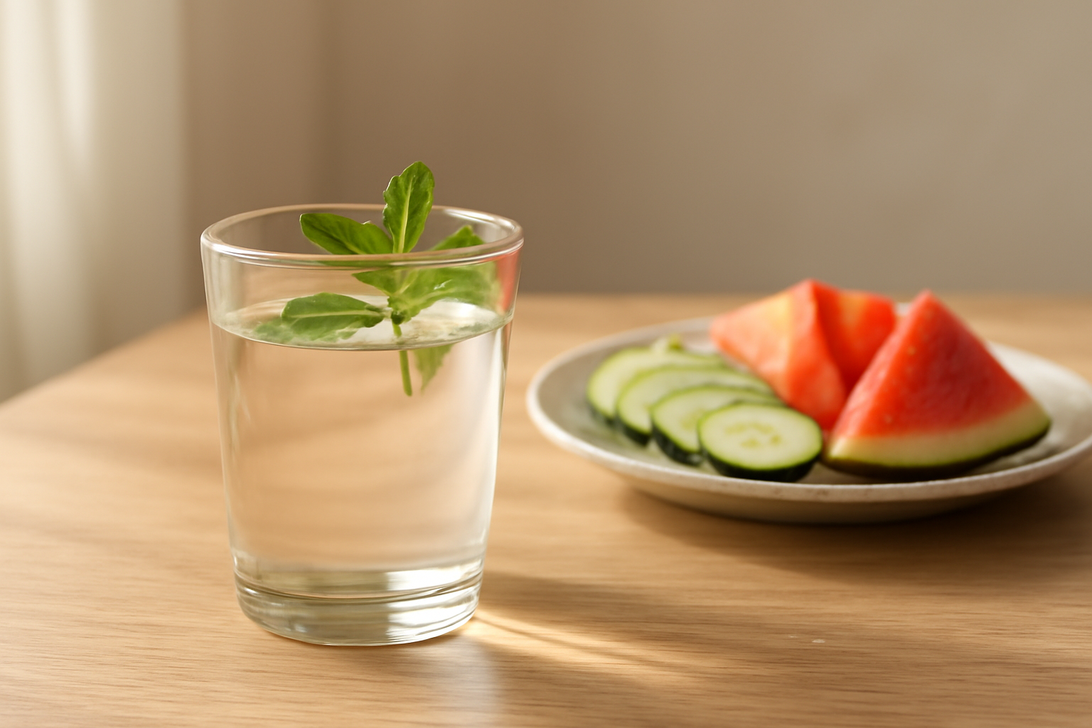 Segelas air dengan daun mint dan potongan buah segar untuk mencegah dehidrasi saat puasa