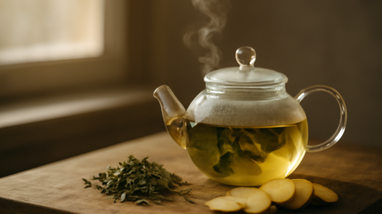 Teko kaca berisi seduhan teh herbal dengan daun mint kering dan irisan jahe di atas papan kayu