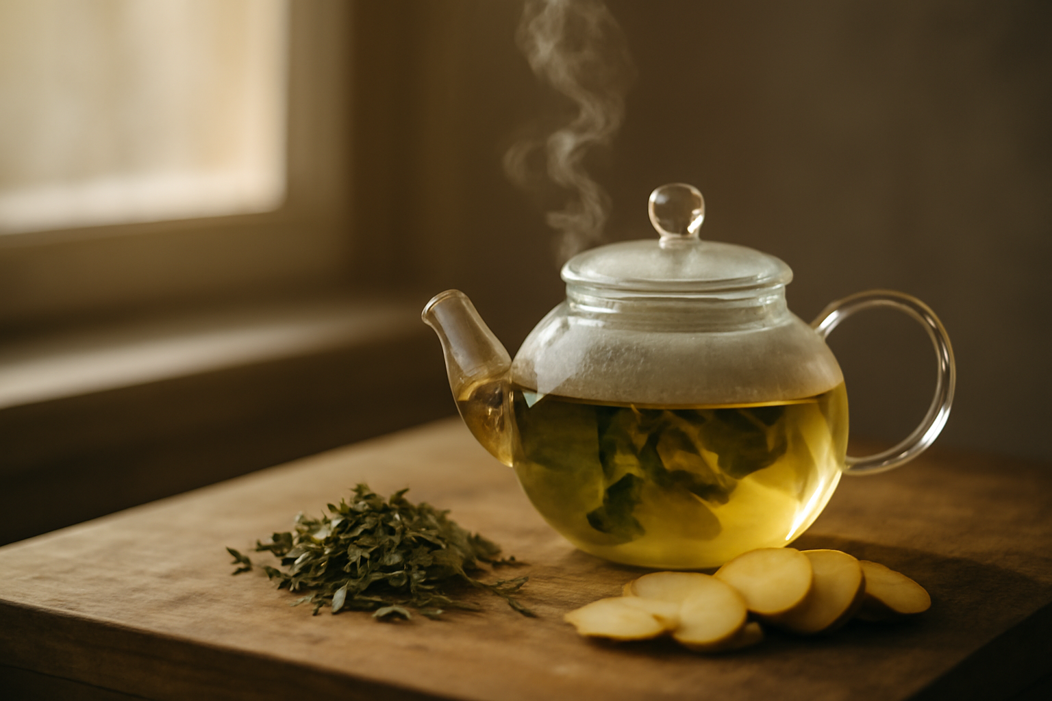 Teko kaca berisi seduhan teh herbal dengan daun mint kering dan irisan jahe di atas papan kayu