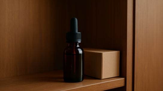 Botol minyak CBD kaca gelap disimpan tegak di dalam lemari kayu tertutup