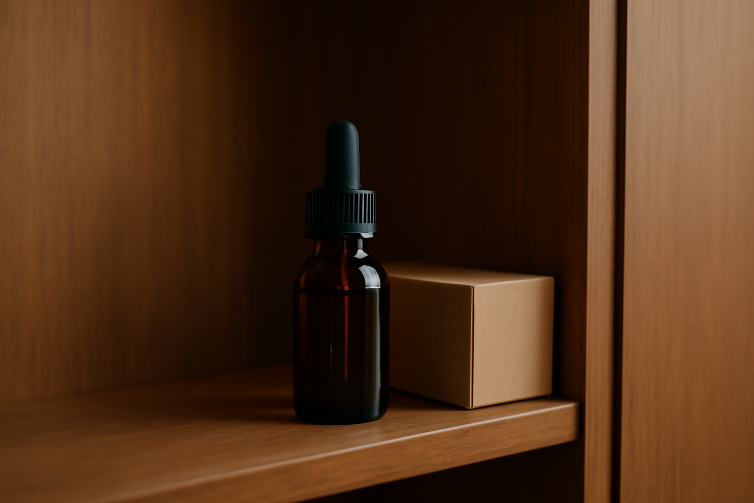 Botol minyak CBD kaca gelap disimpan tegak di dalam lemari kayu tertutup