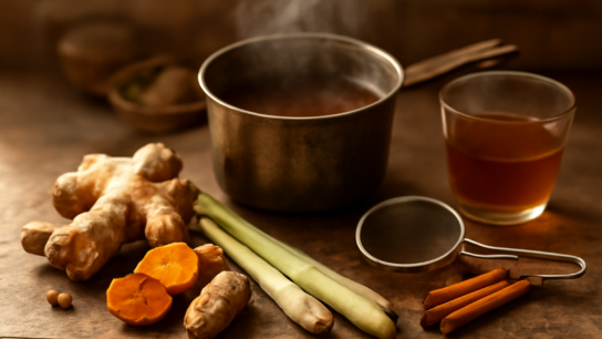 Bahan jahe, kunyit, sereh, dan kayu manis di meja dapur untuk meracik jamu herbal rumahan