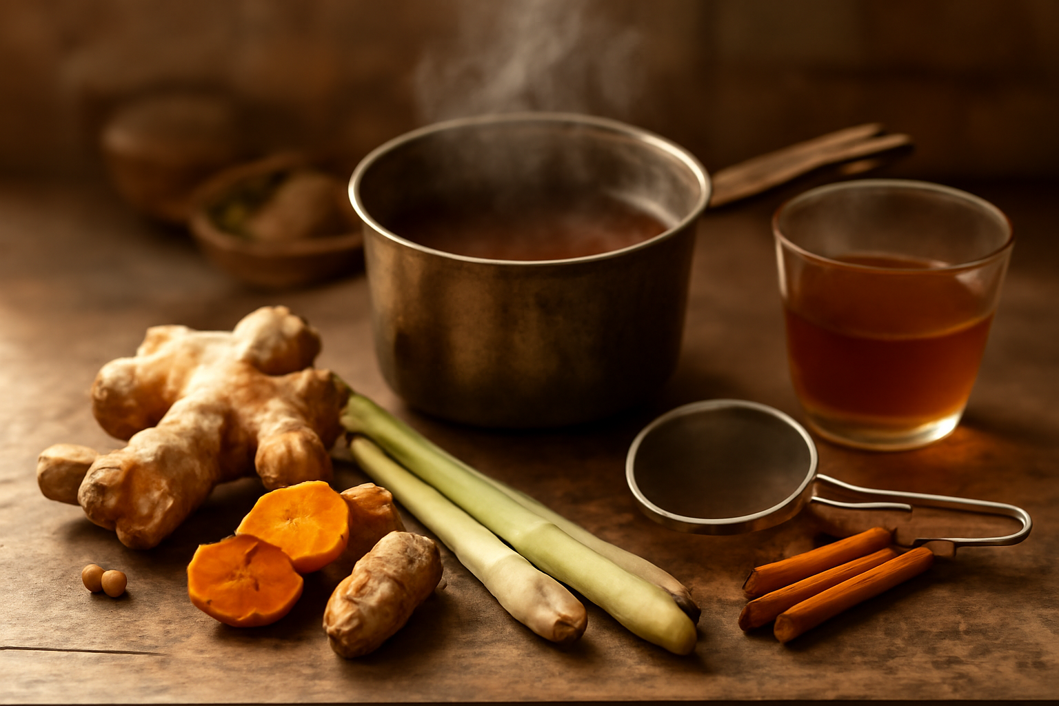 Bahan jahe, kunyit, sereh, dan kayu manis di meja dapur untuk meracik jamu herbal rumahan