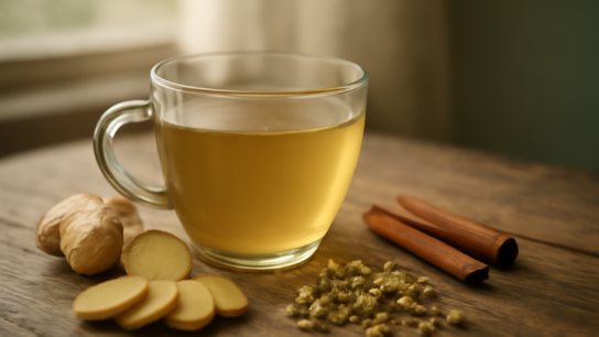 Seduhan jahe hangat dengan irisan jahe segar dan bunga chamomile kering di atas meja kayu