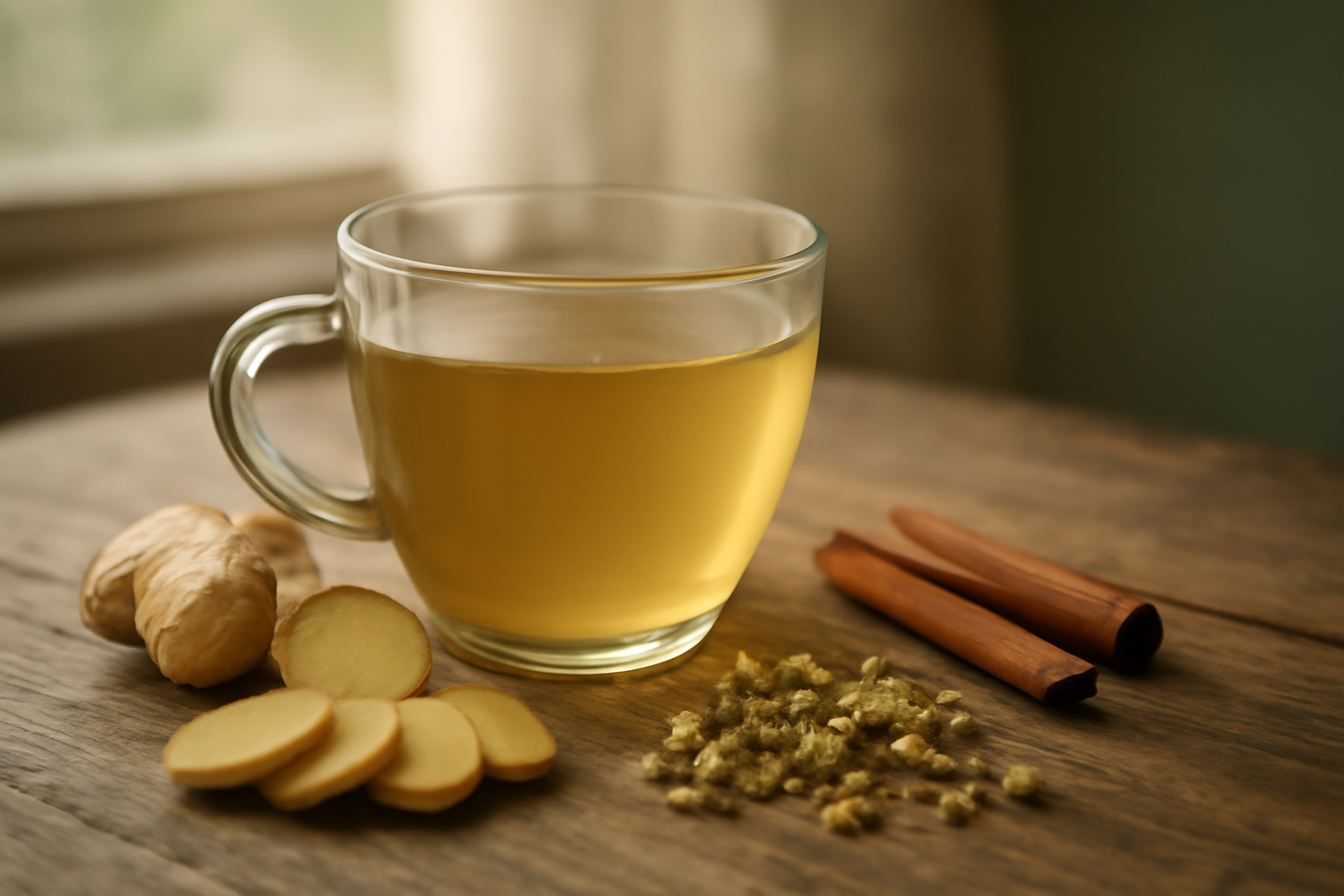 Seduhan jahe hangat dengan irisan jahe segar dan bunga chamomile kering di atas meja kayu