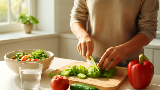 Seseorang menyiapkan makanan sehat berisi sayur dan air minum di dapur