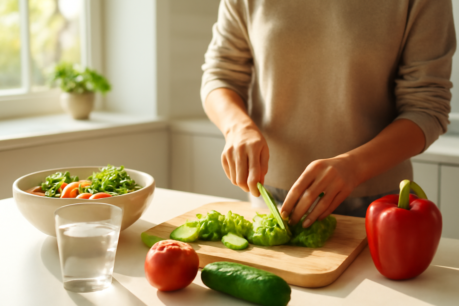 Seseorang menyiapkan makanan sehat berisi sayur dan air minum di dapur