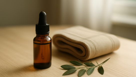 Botol tetes minyak herbal di atas meja kayu dengan penopang lutut dan daun hijau