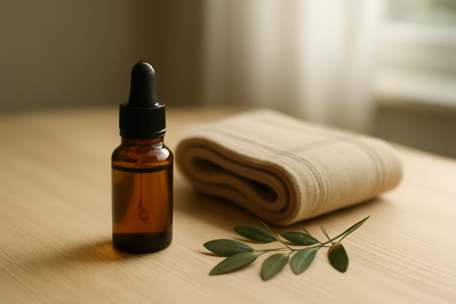 Botol tetes minyak herbal di atas meja kayu dengan penopang lutut dan daun hijau