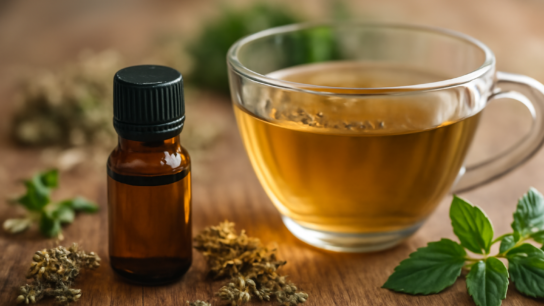 Botol minyak esensial dan secangkir teh herbal di atas meja kayu