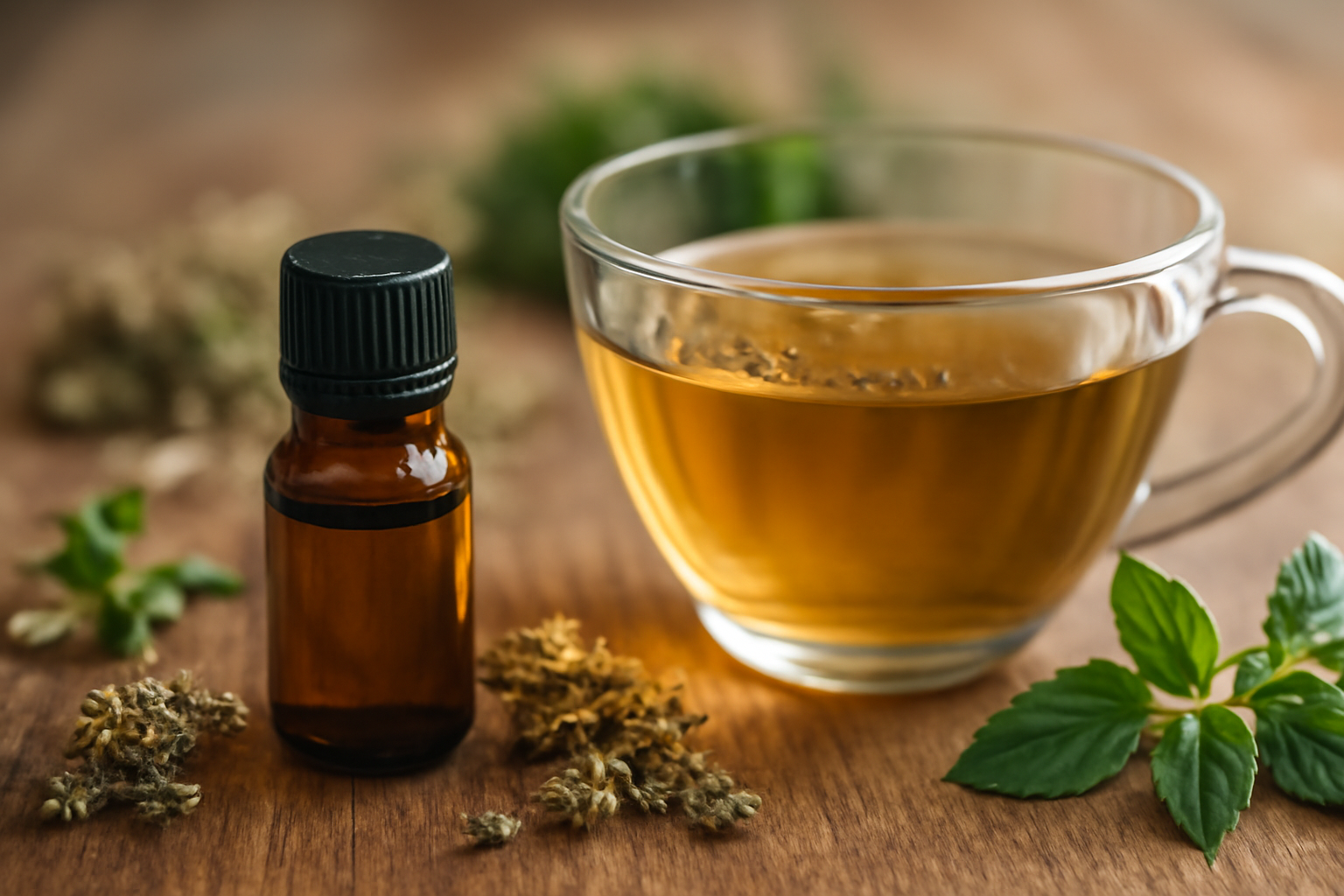 Botol minyak esensial dan secangkir teh herbal di atas meja kayu