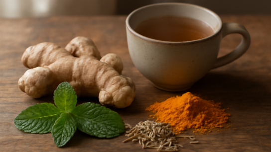 Jahe, daun mint, adas, dan kunyit di atas meja kayu bersama secangkir teh herbal hangat