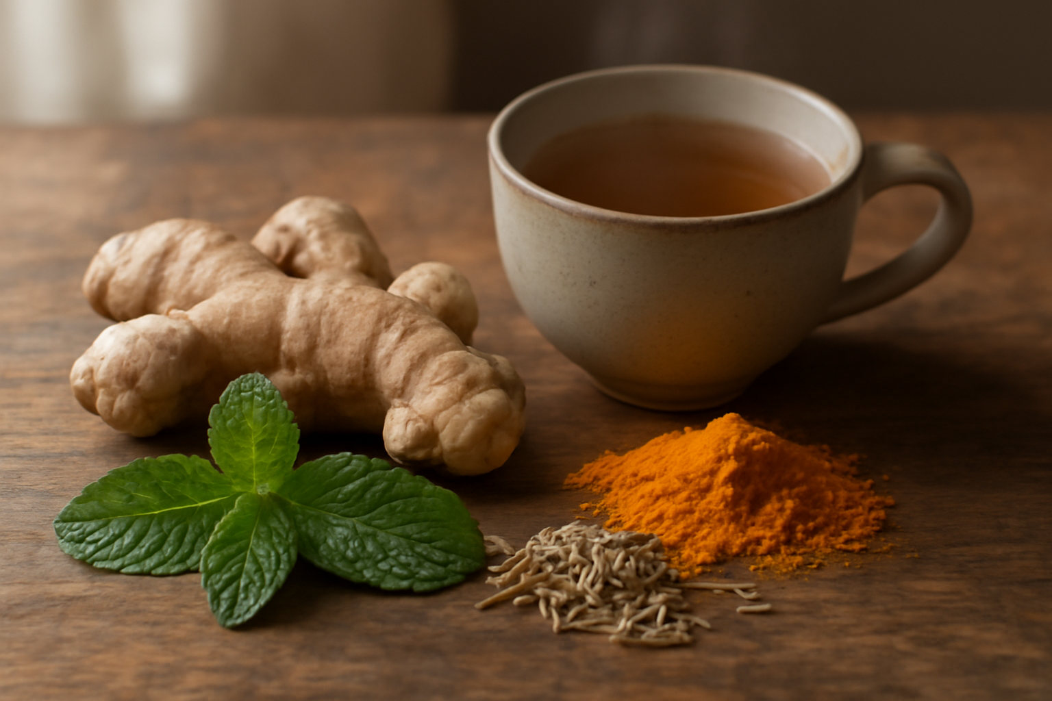 Jahe, daun mint, adas, dan kunyit di atas meja kayu bersama secangkir teh herbal hangat